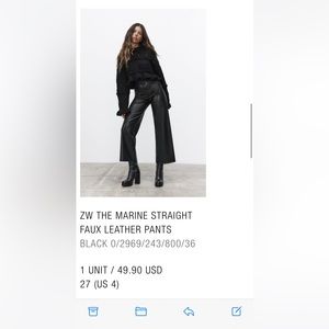 NEW WITH TAGS Zara marine straight faux leather pant